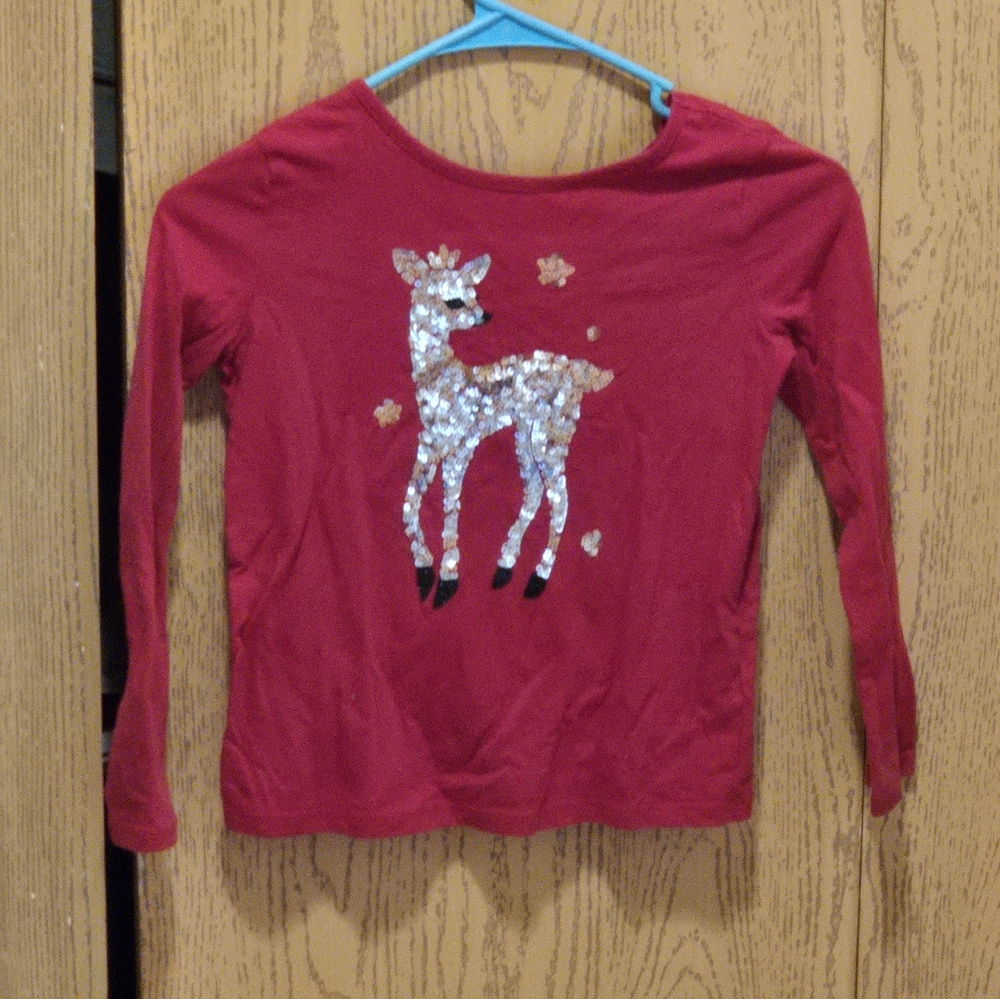 Place Red Long Sleeve Tee with Sequin Deer